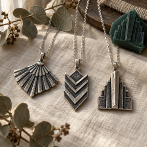 Art Deco yelpaze, şevron ve kademeli piramit motifli oksitlenmiş gümüş madalyonlar